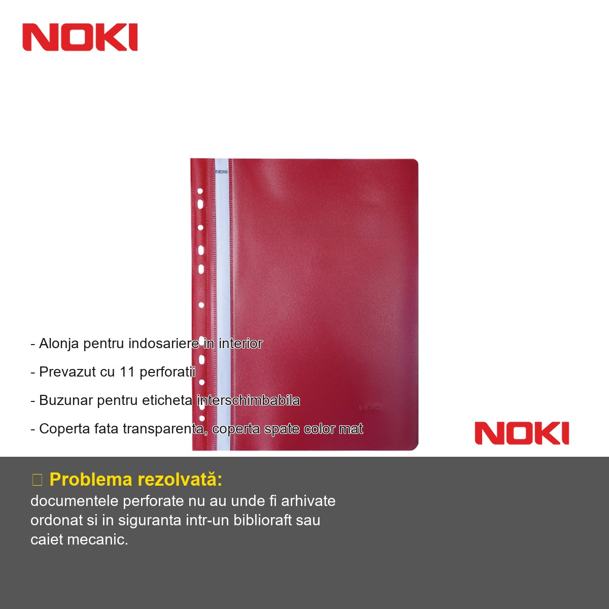 Set 10 dosare plastic cu sina si multiperforatii Noki, coperta transparenta fata, pentru arhivare documente A4 [2]