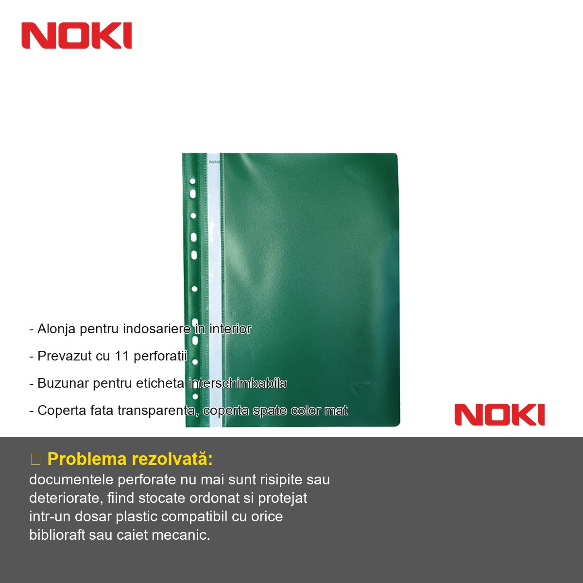Set 10 dosare plastic cu sina si multiperforatii Noki, format A4, verde, pentru arhivare in biblioraft [2]