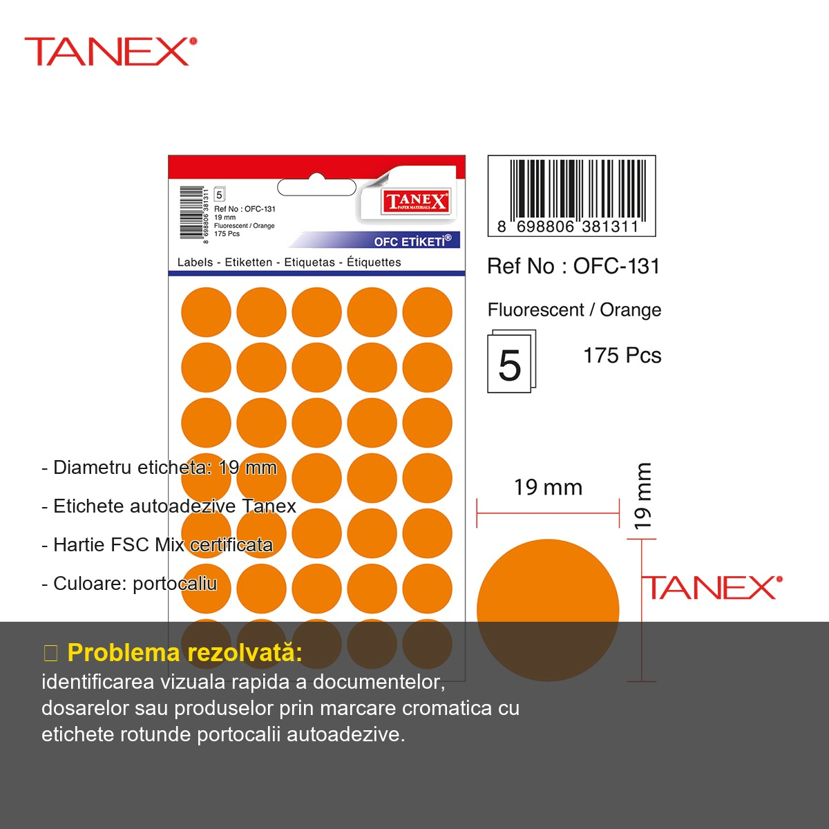 Etichete autoadezive rotunde Tanex, diametru 19 mm, culoare portocaliu, set 175 bucati, pentru marcare si organizare [2]