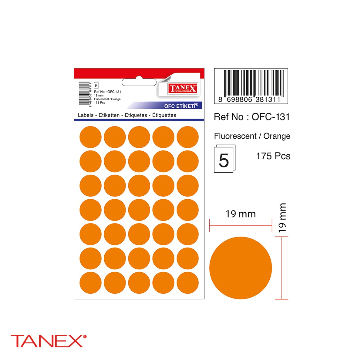 Etichete autoadezive rotunde Tanex, diametru 19 mm, culoare portocaliu, set 175 bucati, pentru marcare si organizare [4]