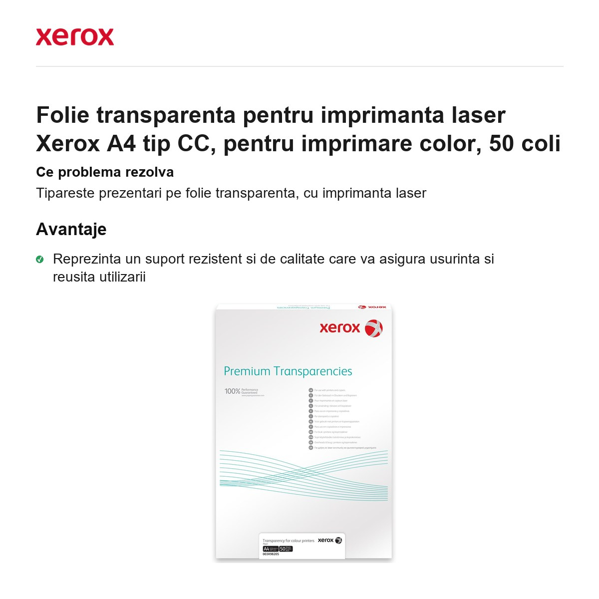 Folie transparenta pentru imprimanta laser Xerox A4 tip CC, pentru imprimare color, 50 coli [2]