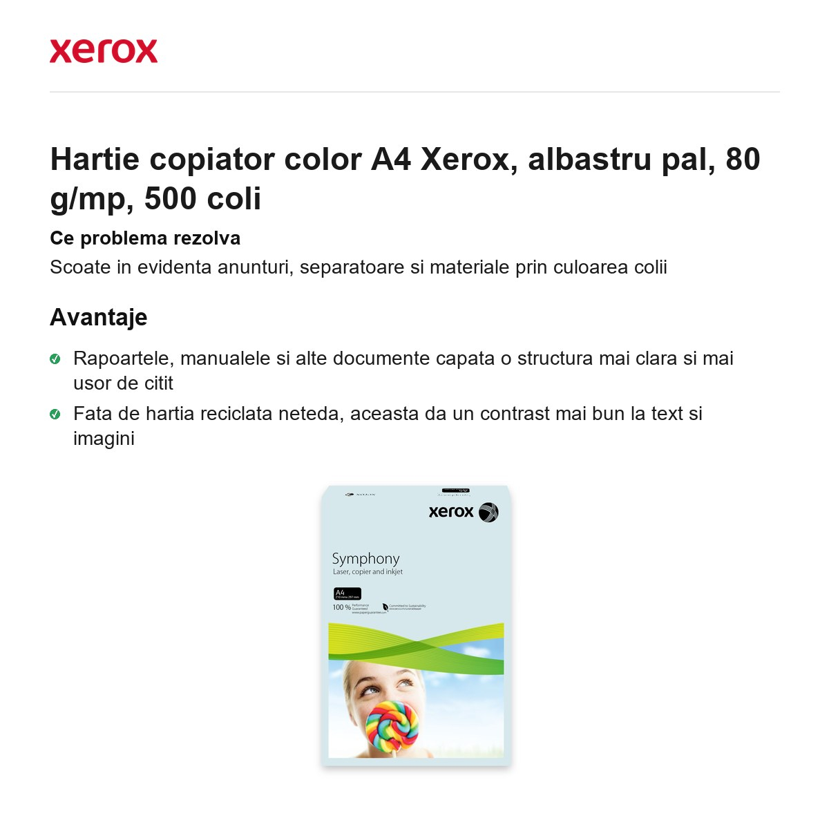 Hartie copiator color A4 Xerox, albastru pal, 80 g/mp, 500 coli [2]