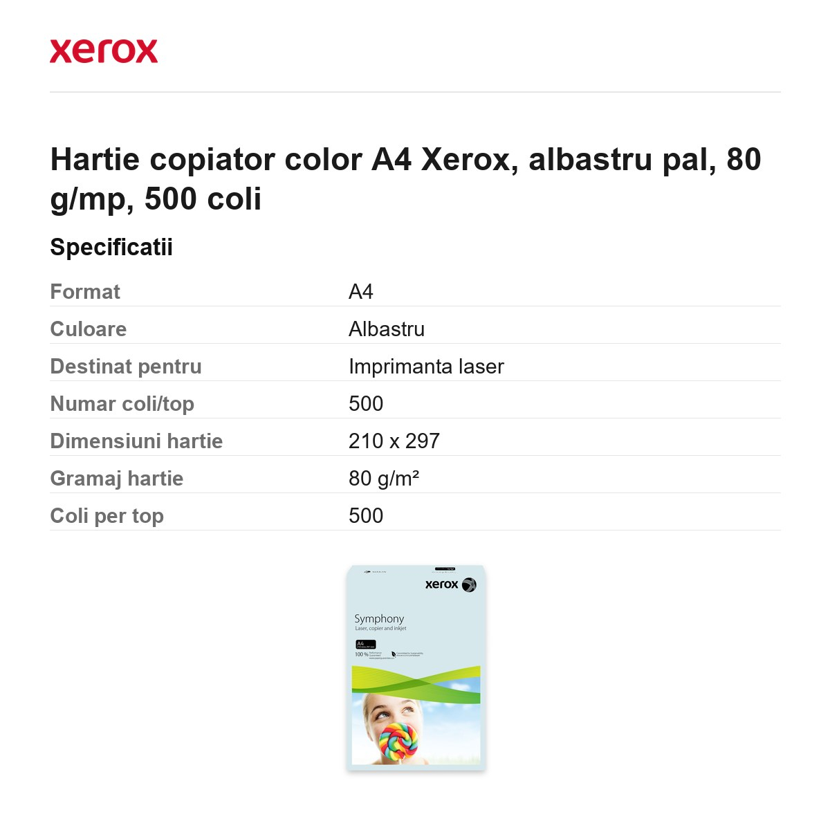 Hartie copiator color A4 Xerox, albastru pal, 80 g/mp, 500 coli [3]
