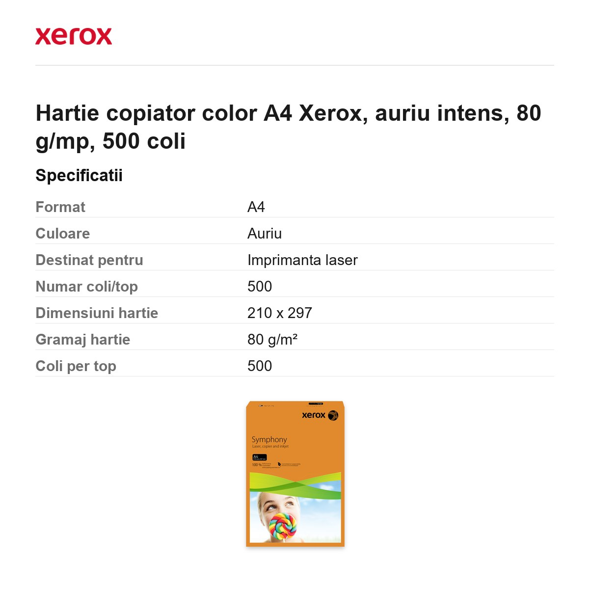 Hartie copiator color A4 Xerox, auriu intens, 80 g/mp, 500 coli [3]