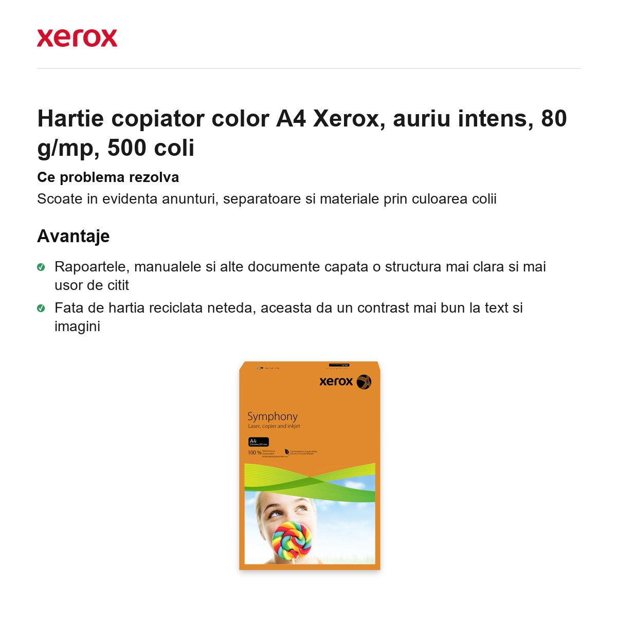 Hartie copiator color A4 Xerox, auriu intens, 80 g/mp, 500 coli [2]