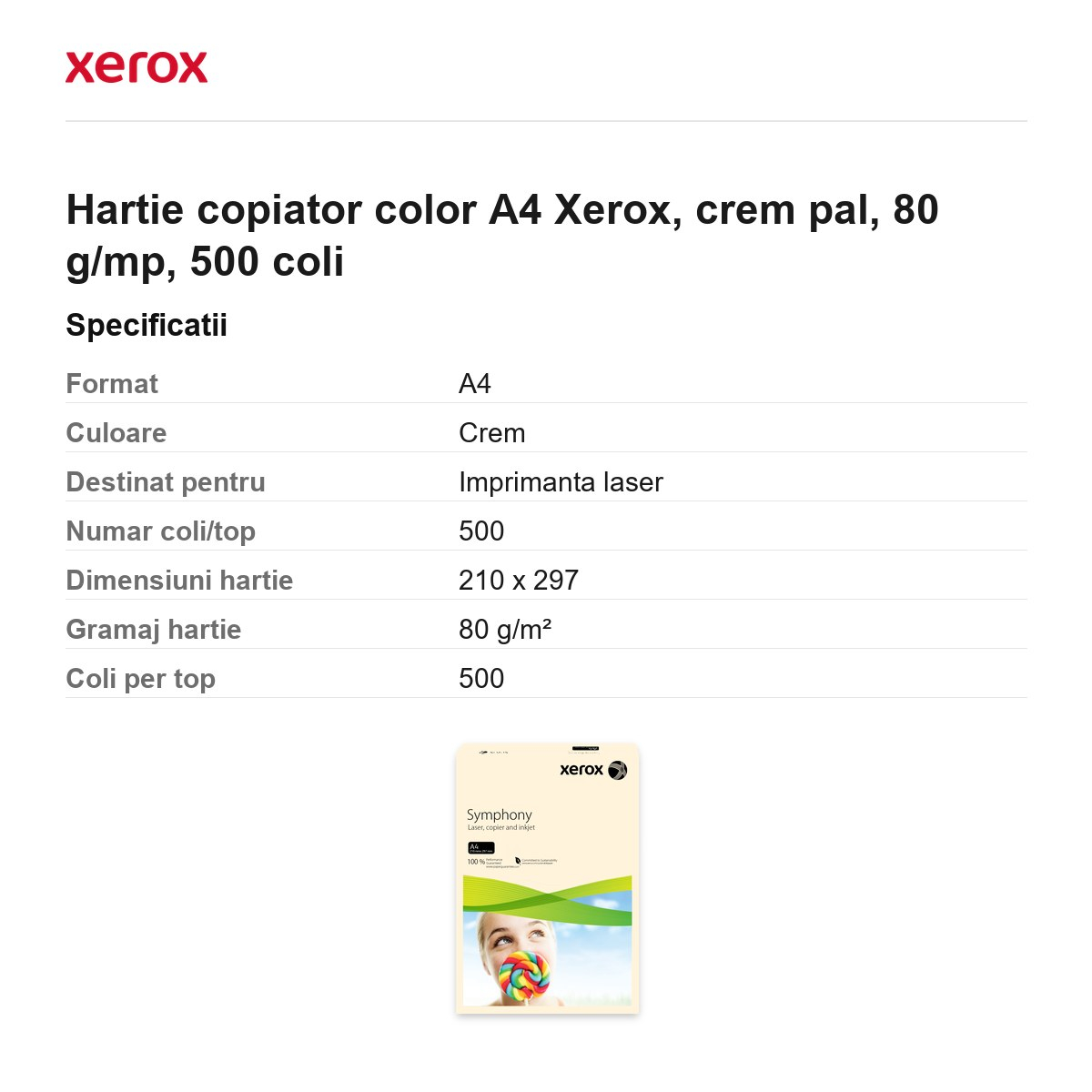 Hartie copiator color A4 Xerox, crem pal, 80 g/mp, 500 coli [3]