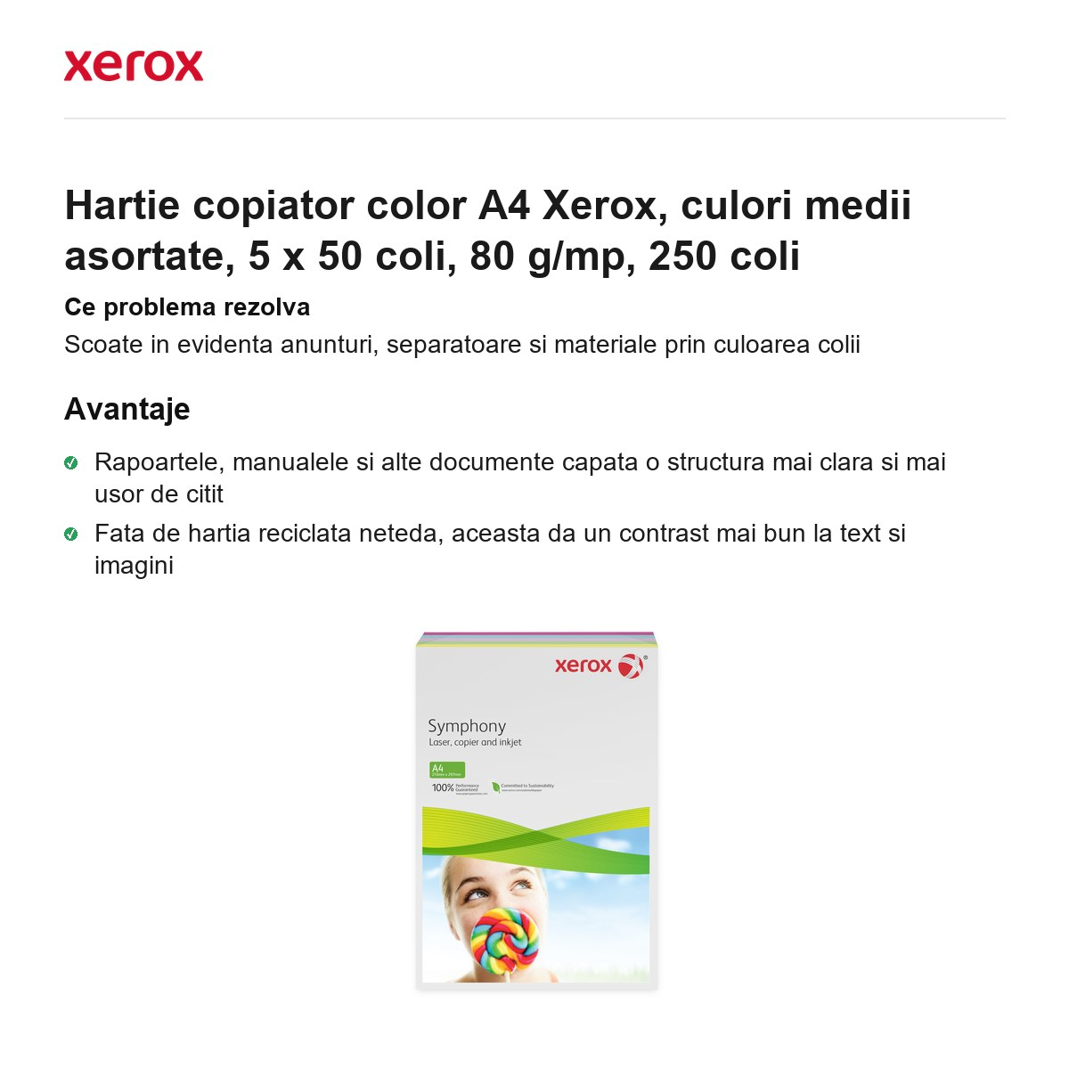 Hartie copiator color A4 Xerox, culori medii asortate, 5 x 50 coli, 80 g/mp, 250 coli [2]