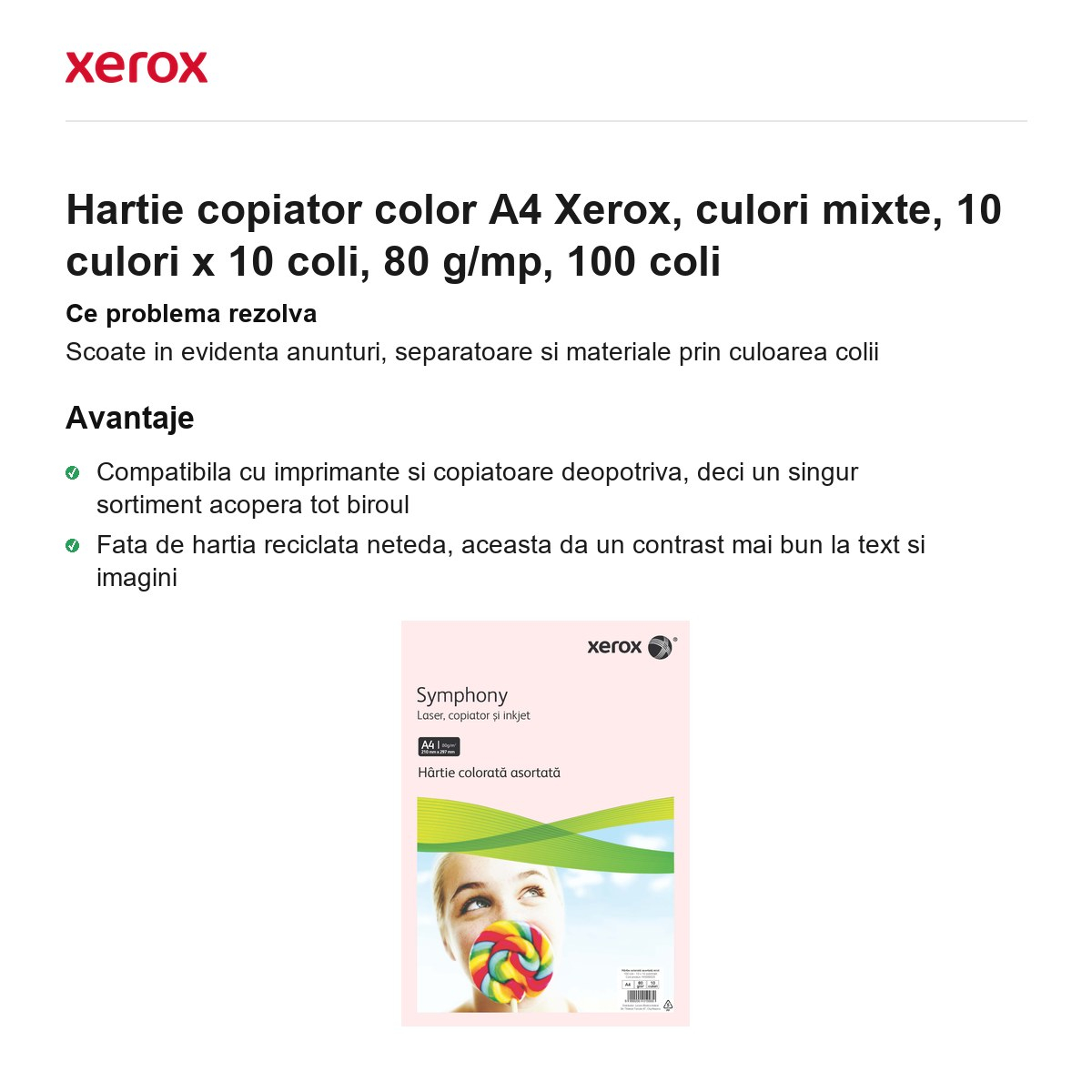 Hartie copiator color A4 Xerox, culori mixte, 10 culori x 10 coli, 80 g/mp, 100 coli [2]