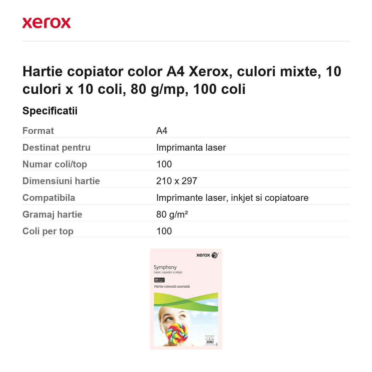 Hartie copiator color A4 Xerox, culori mixte, 10 culori x 10 coli, 80 g/mp, 100 coli [3]