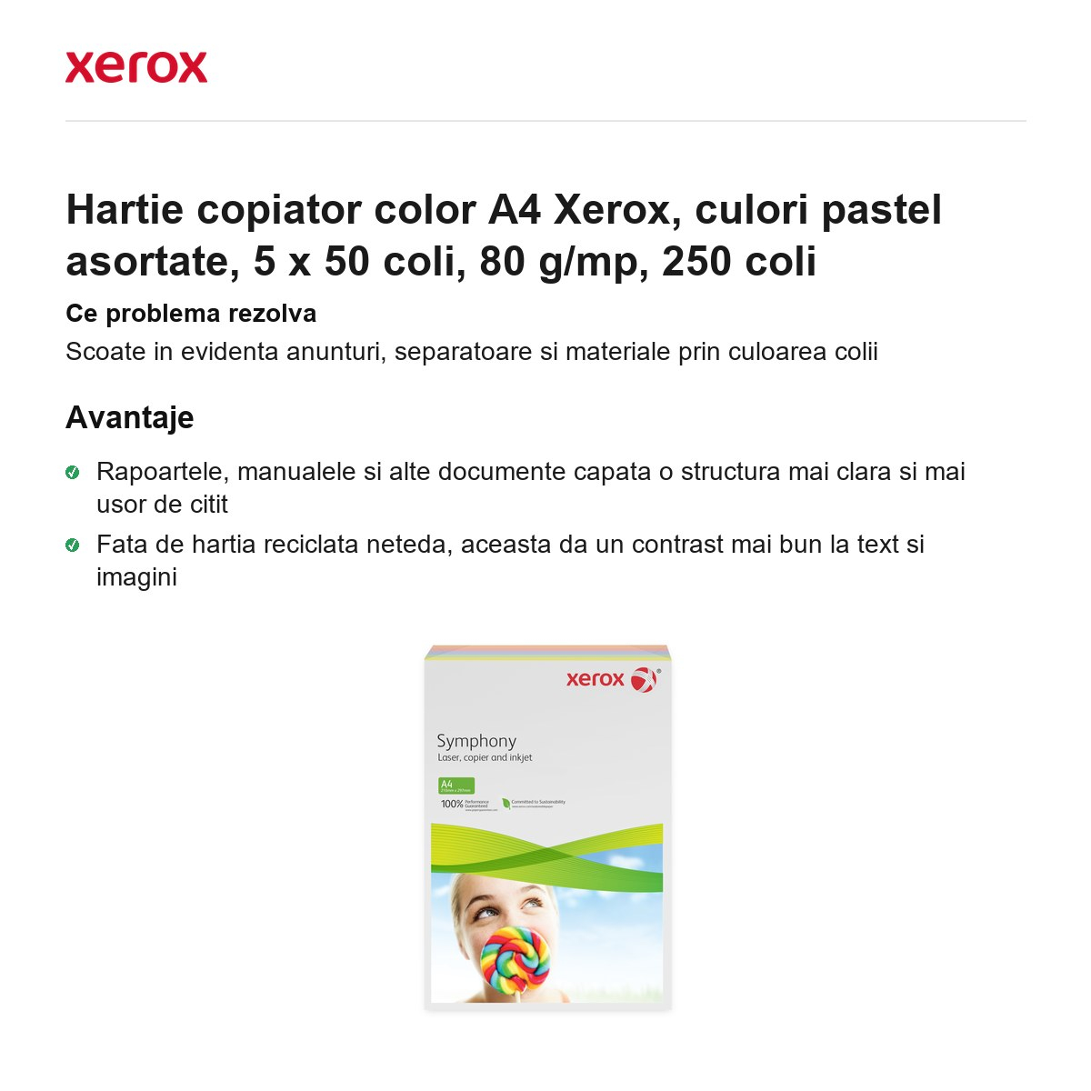 Hartie copiator color A4 Xerox, culori pastel asortate, 5 x 50 coli, 80 g/mp, 250 coli [2]