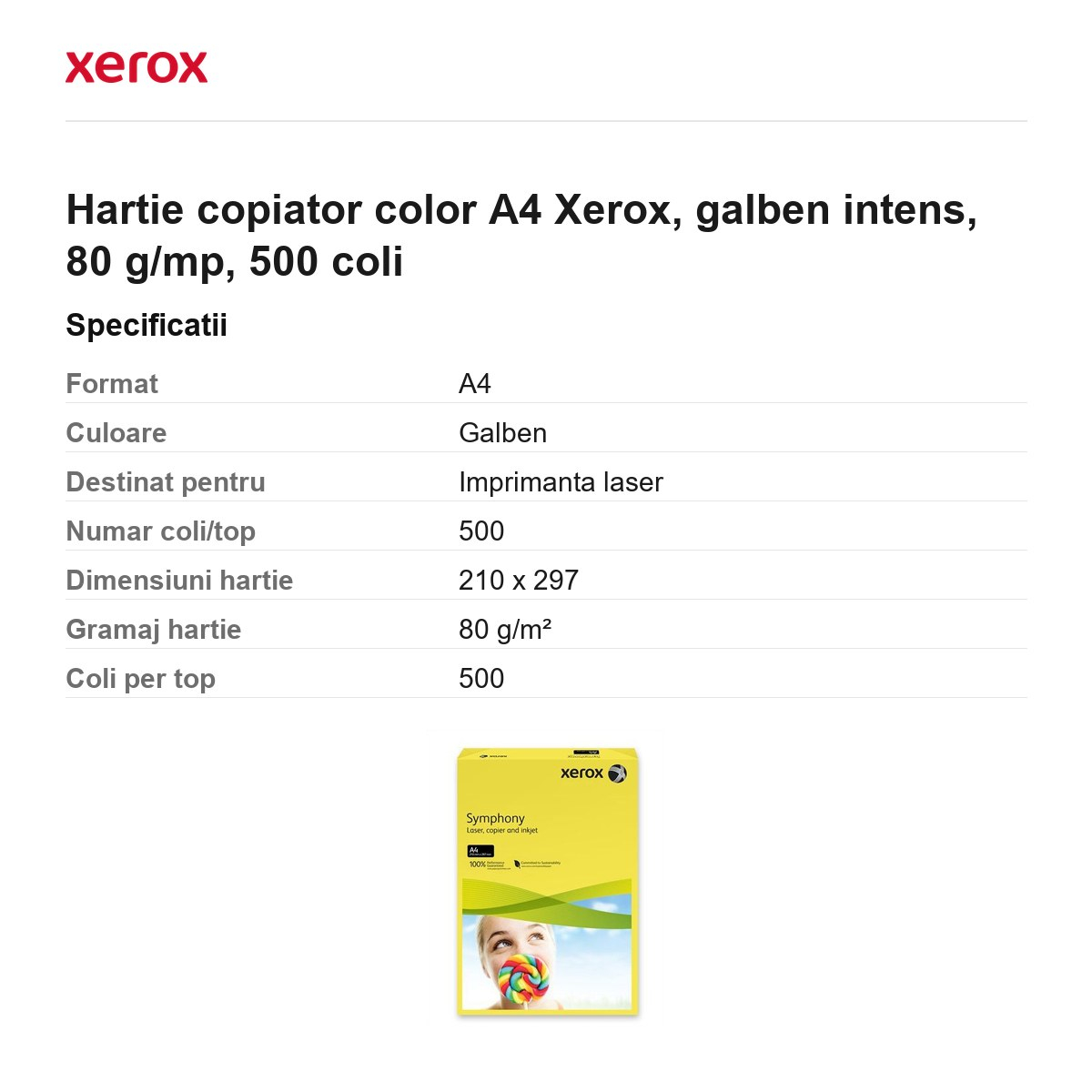 Hartie copiator color A4 Xerox, galben intens, 80 g/mp, 500 coli [3]