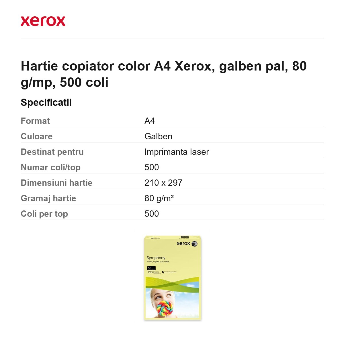 Hartie copiator color A4 Xerox, galben pal, 80 g/mp, 500 coli [3]