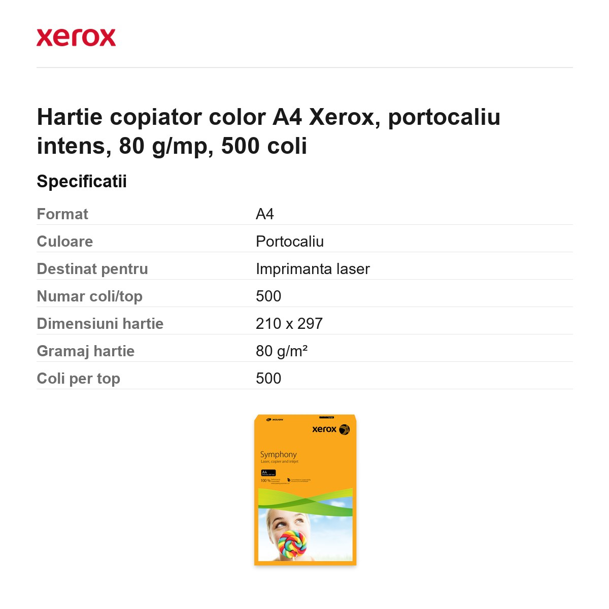 Hartie copiator color A4 Xerox, portocaliu intens, 80 g/mp, 500 coli [3]