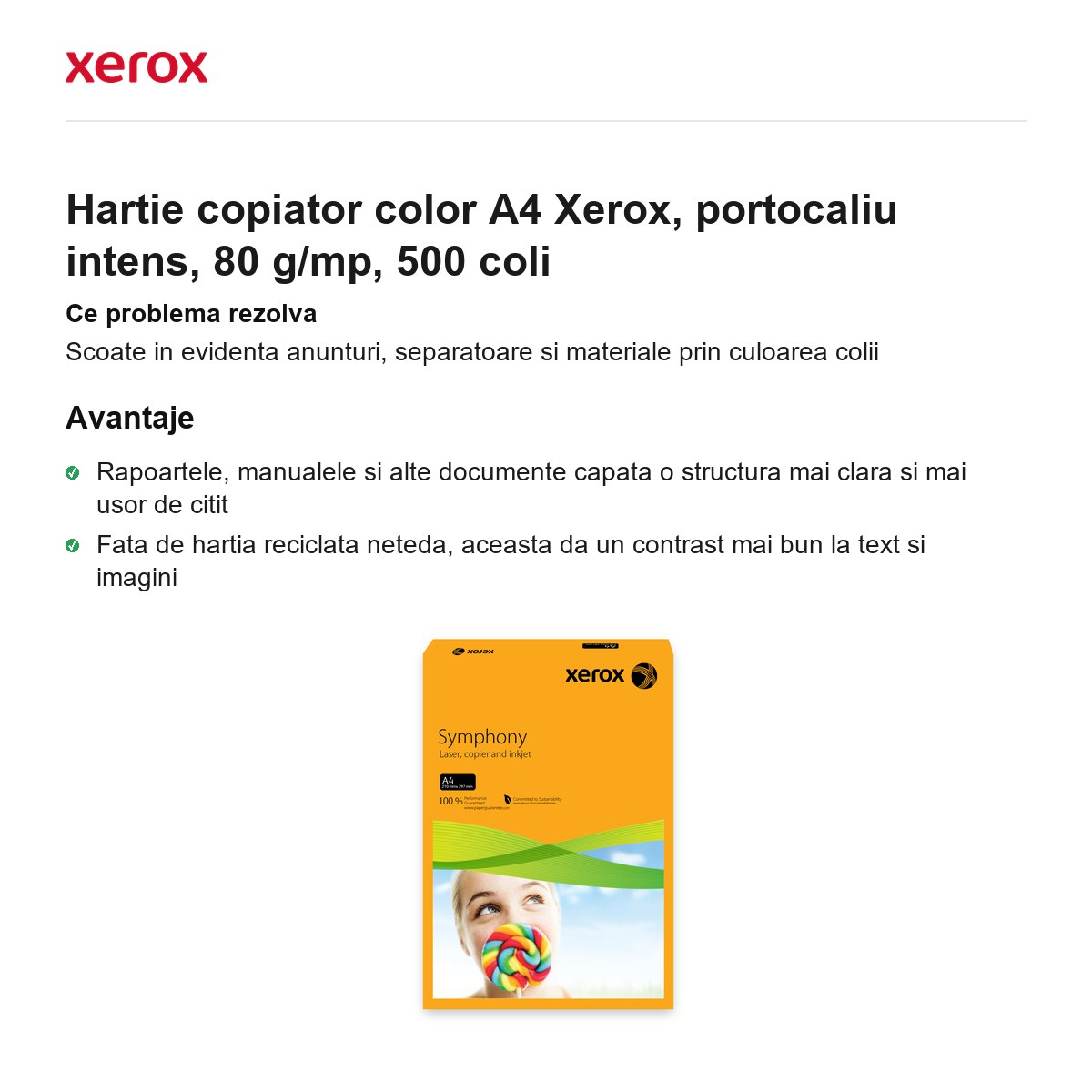 Hartie copiator color A4 Xerox, portocaliu intens, 80 g/mp, 500 coli [2]