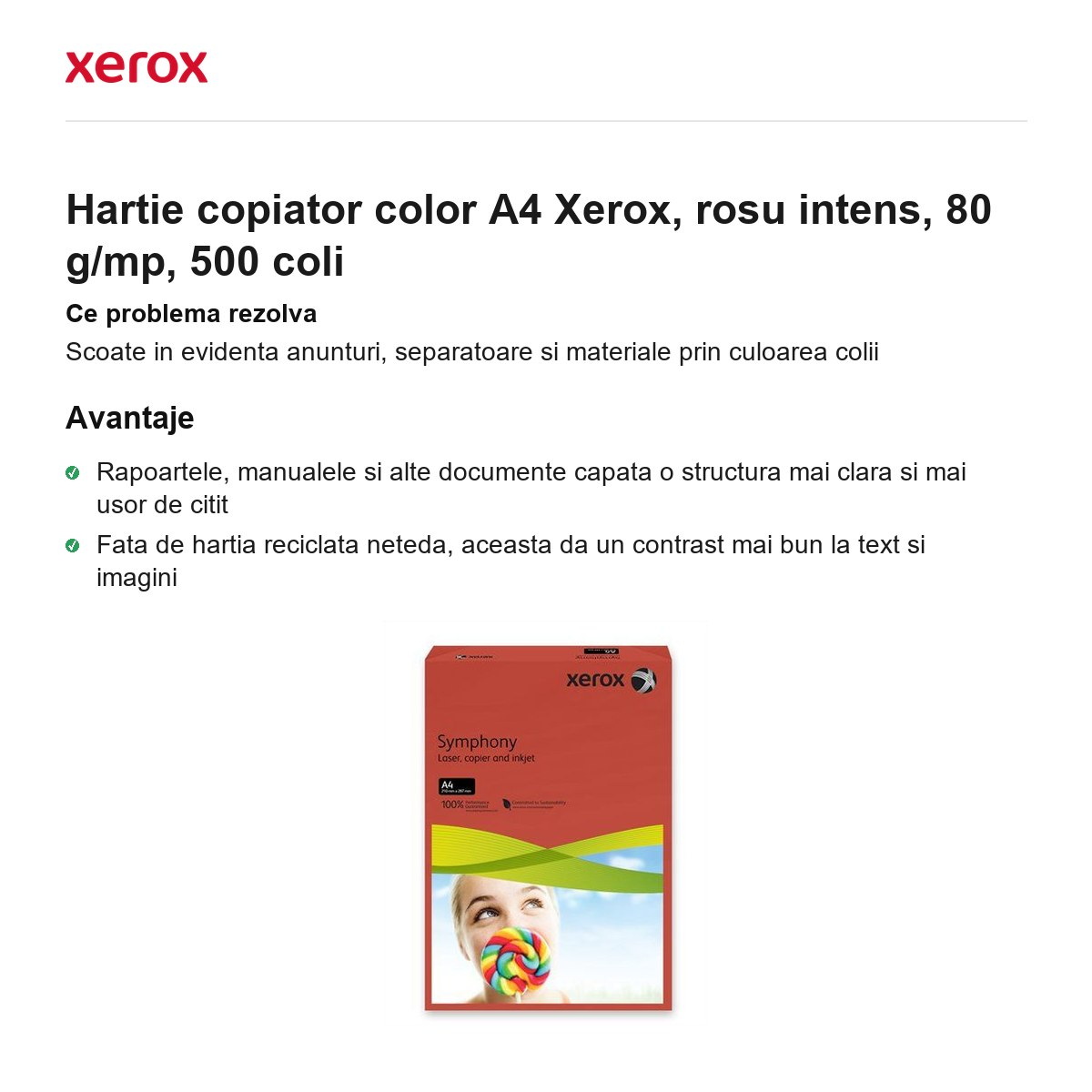 Hartie copiator color A4 Xerox, rosu intens, 80 g/mp, 500 coli [2]