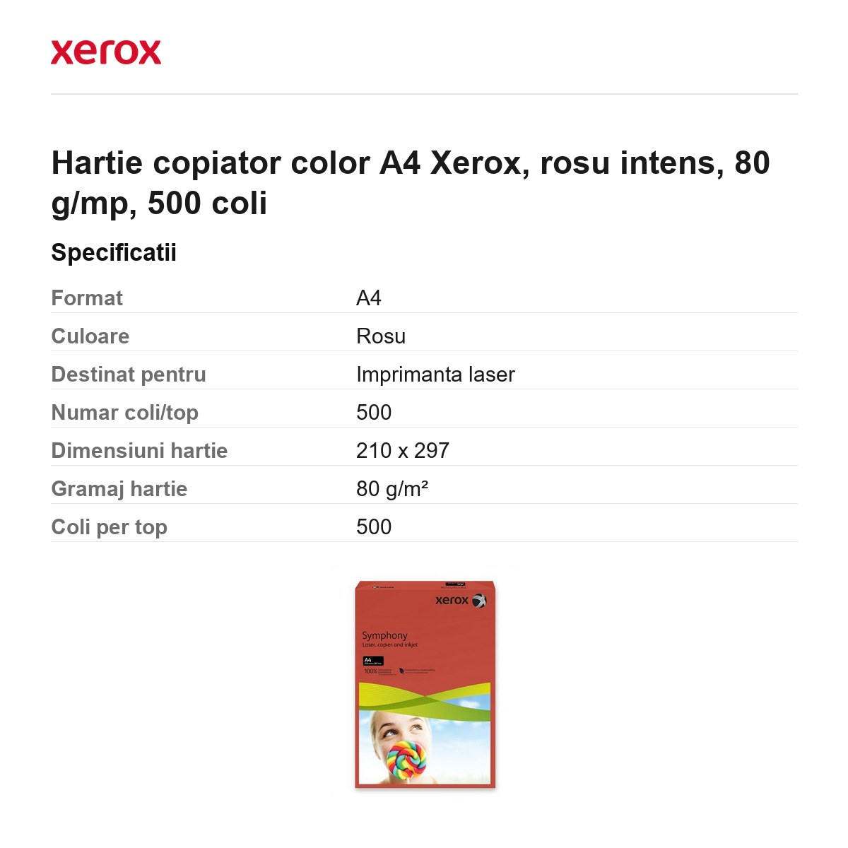 Hartie copiator color A4 Xerox, rosu intens, 80 g/mp, 500 coli [3]