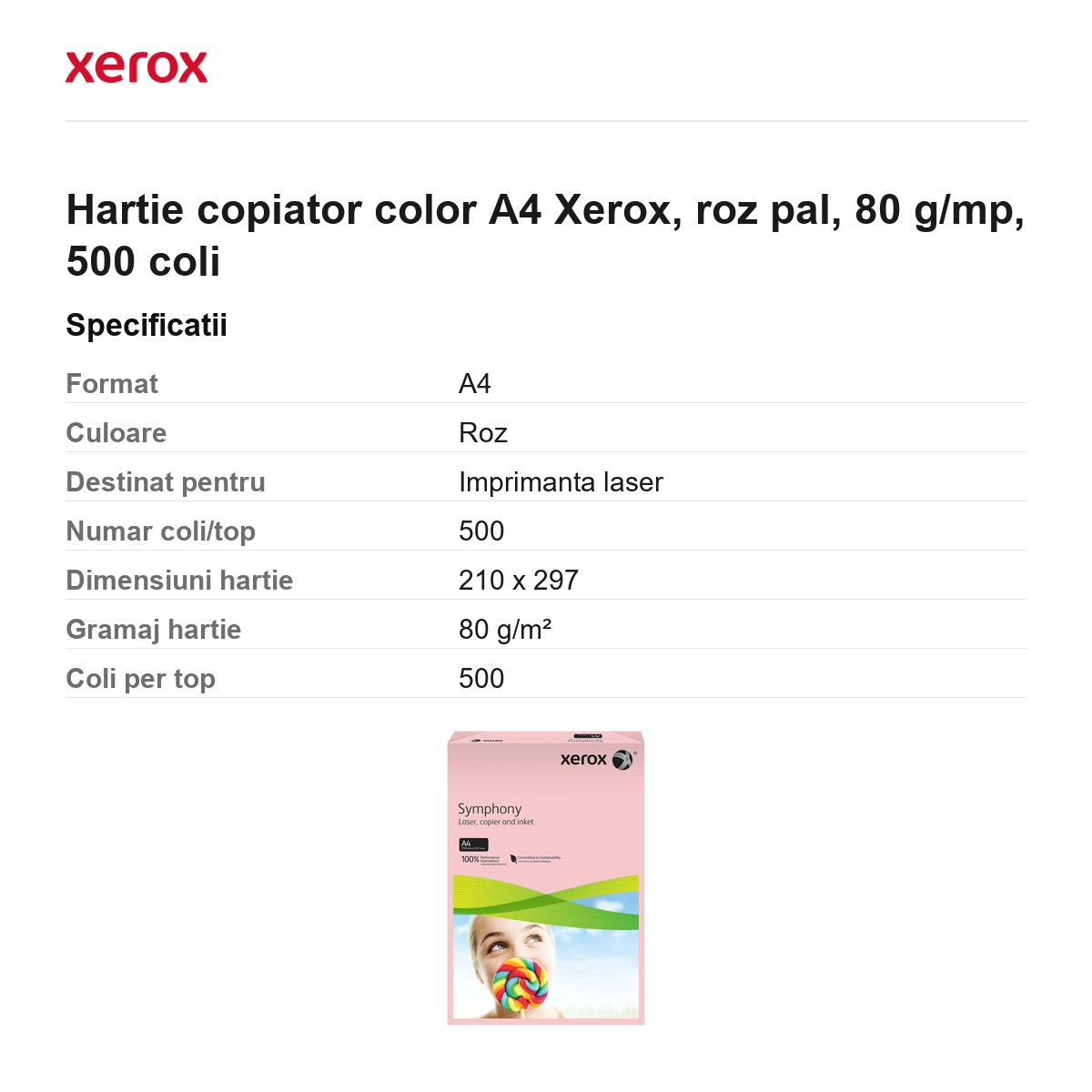 Hartie copiator color A4 Xerox, roz pal, 80 g/mp, 500 coli [3]