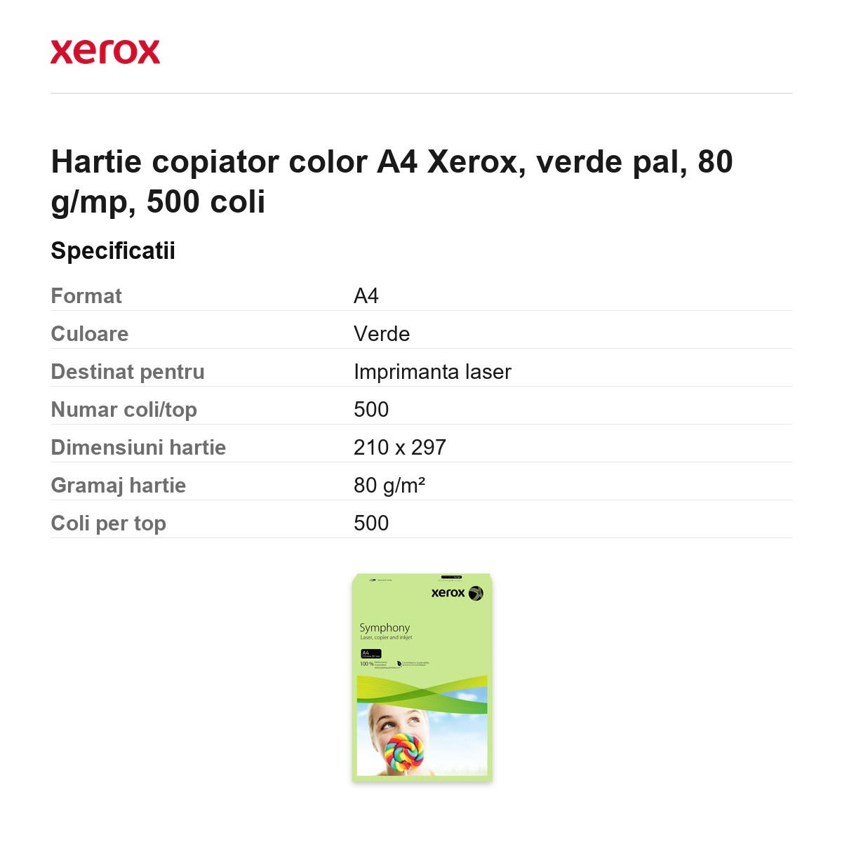 Hartie copiator color A4 Xerox, verde pal, 80 g/mp, 500 coli [3]