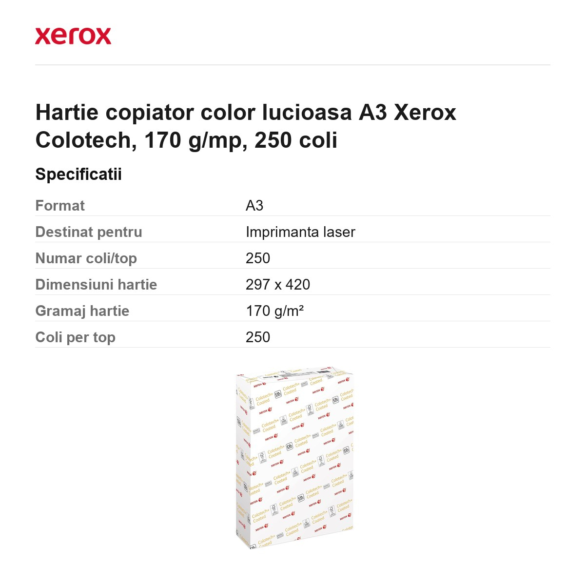 Hartie copiator color lucioasa A3 Xerox Colotech, 170 g/mp, 250 coli [3]