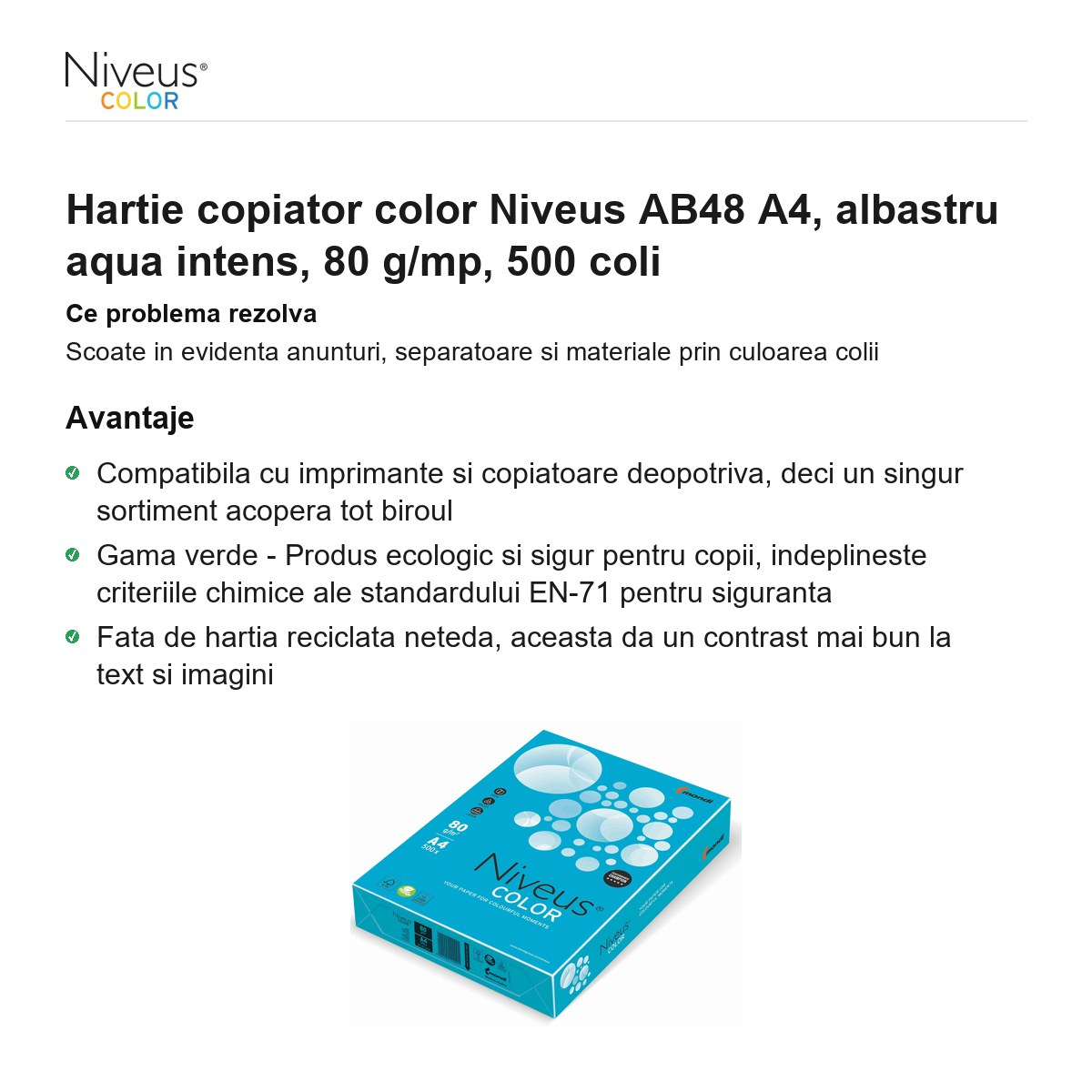 Hartie copiator color Niveus AB48 A4, albastru aqua intens, 80 g/mp, 500 coli [2]