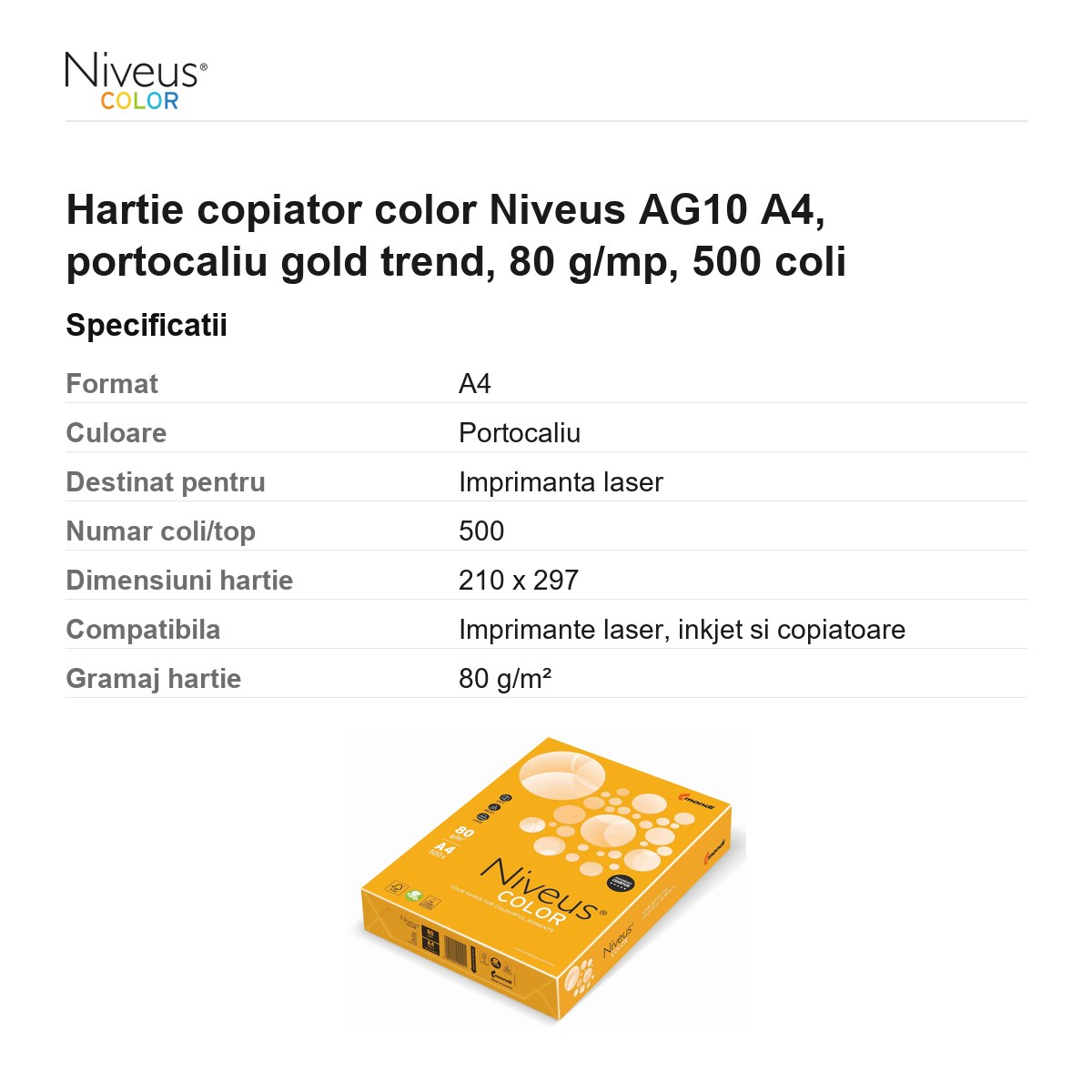 Hartie copiator color Niveus AG10 A4, portocaliu gold trend, 80 g/mp, 500 coli [3]