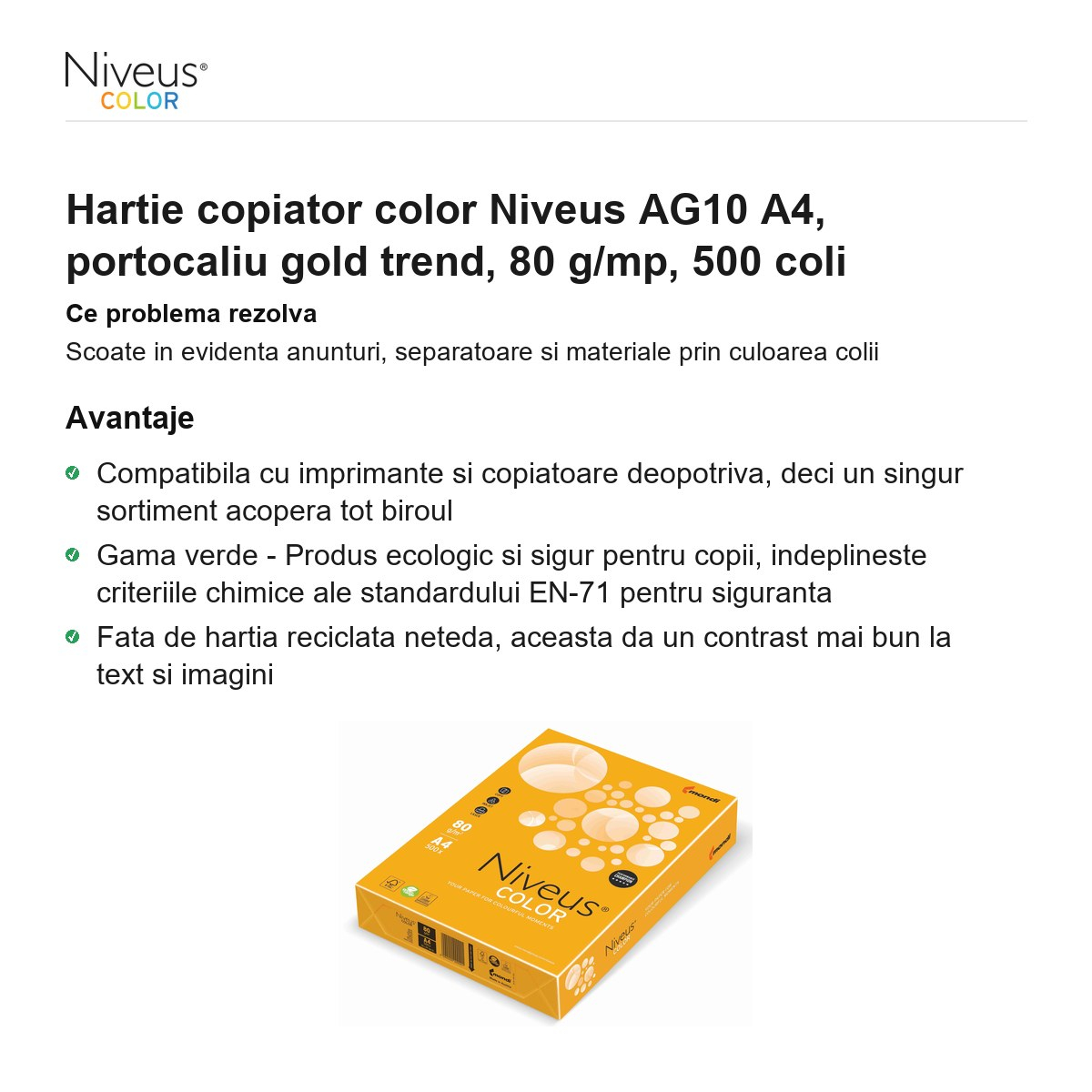 Hartie copiator color Niveus AG10 A4, portocaliu gold trend, 80 g/mp, 500 coli [2]