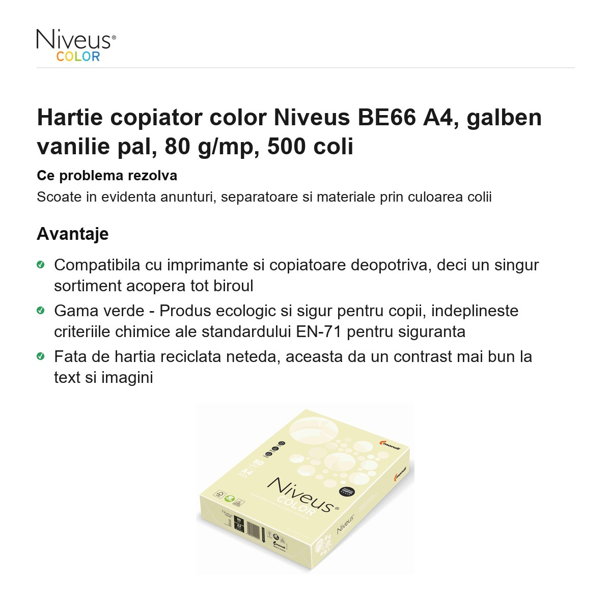 Hartie copiator color Niveus BE66 A4, galben vanilie pal, 80 g/mp, 500 coli [2]