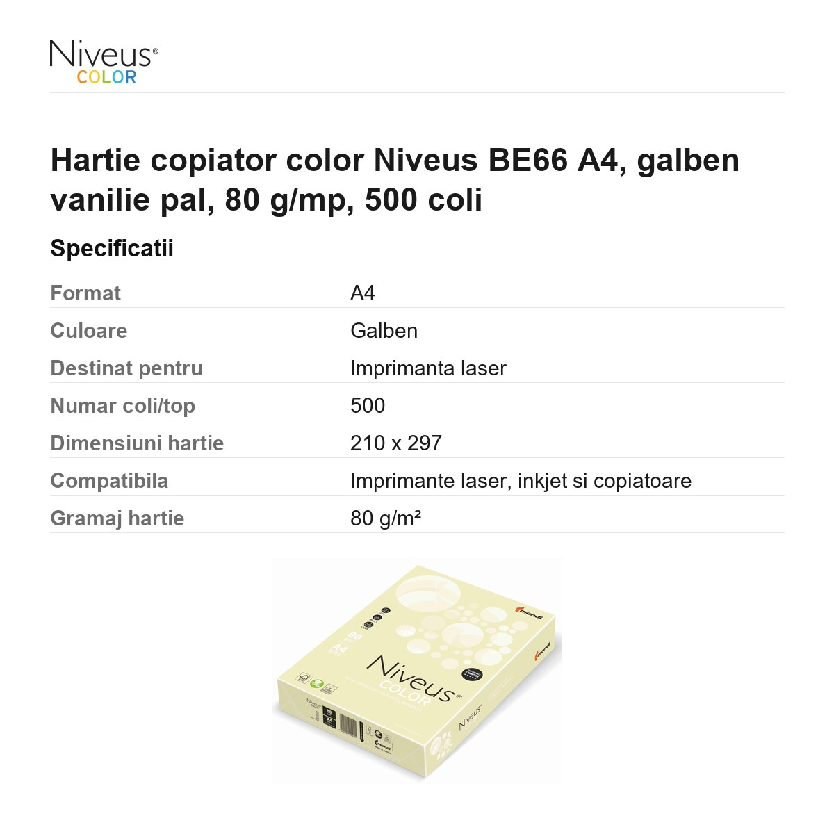 Hartie copiator color Niveus BE66 A4, galben vanilie pal, 80 g/mp, 500 coli [3]