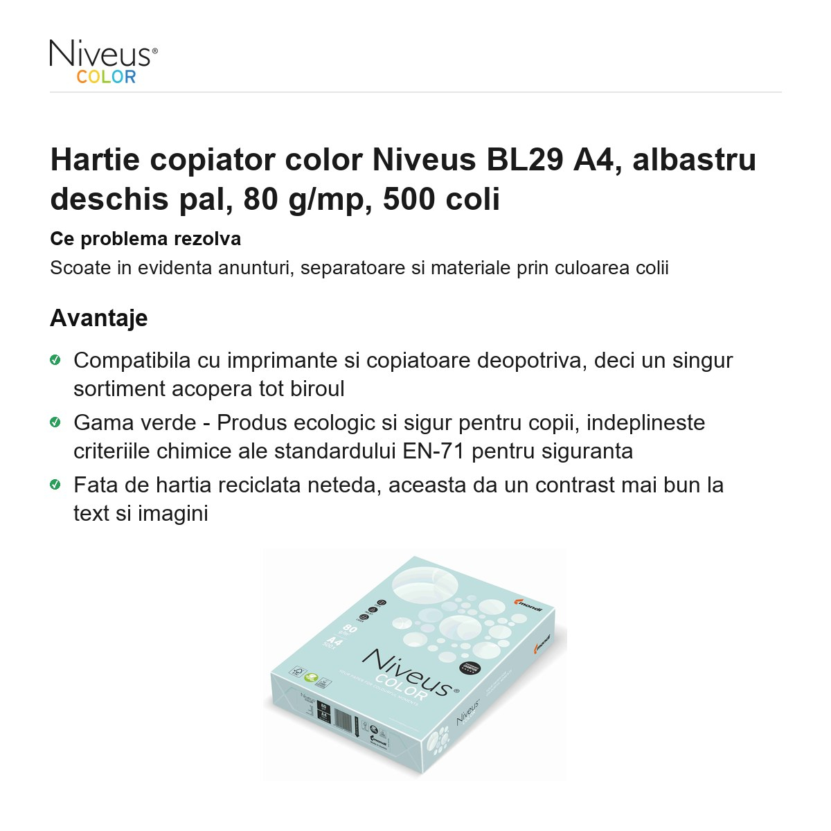 Hartie copiator color Niveus BL29 A4, albastru deschis pal, 80 g/mp, 500 coli [2]
