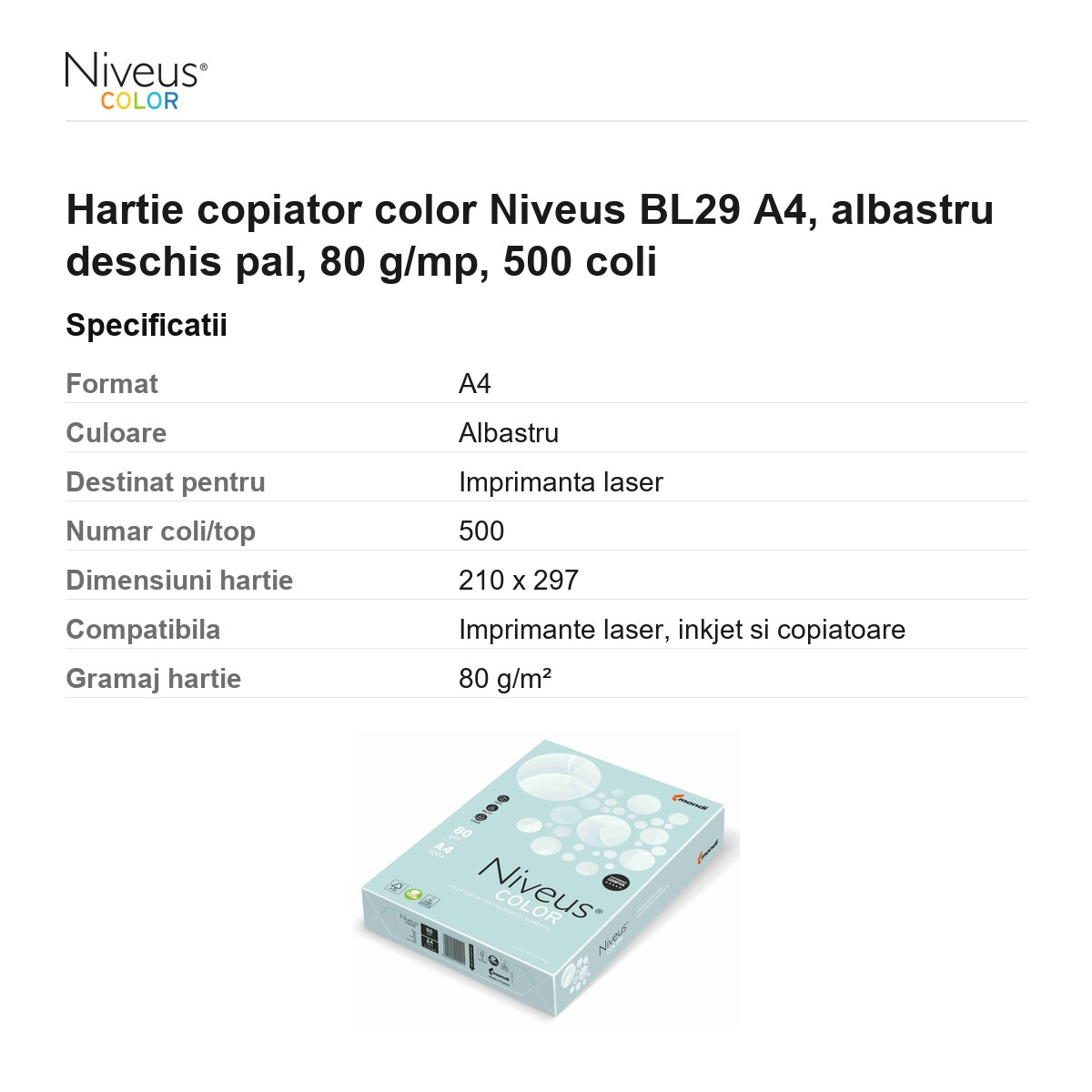 Hartie copiator color Niveus BL29 A4, albastru deschis pal, 80 g/mp, 500 coli [3]