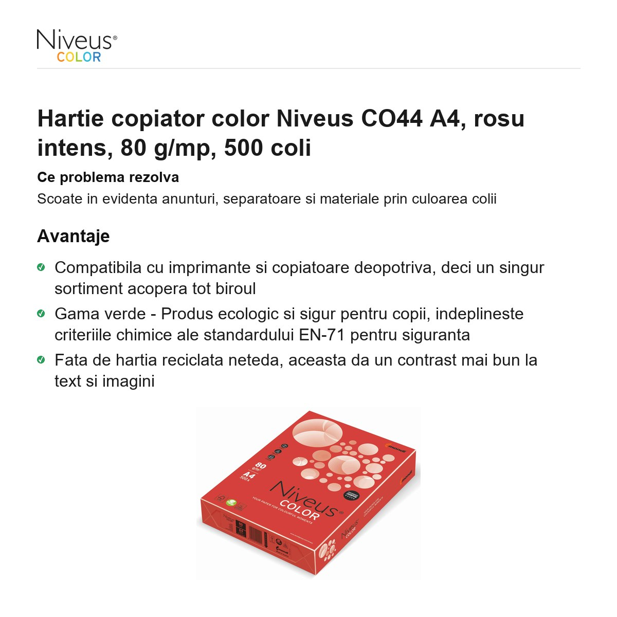 Hartie copiator color Niveus CO44 A4, rosu intens, 80 g/mp, 500 coli [2]