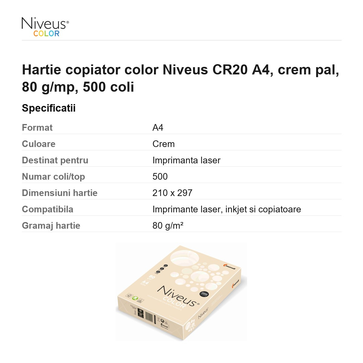 Hartie copiator color Niveus CR20 A4, crem pal, 80 g/mp, 500 coli [3]