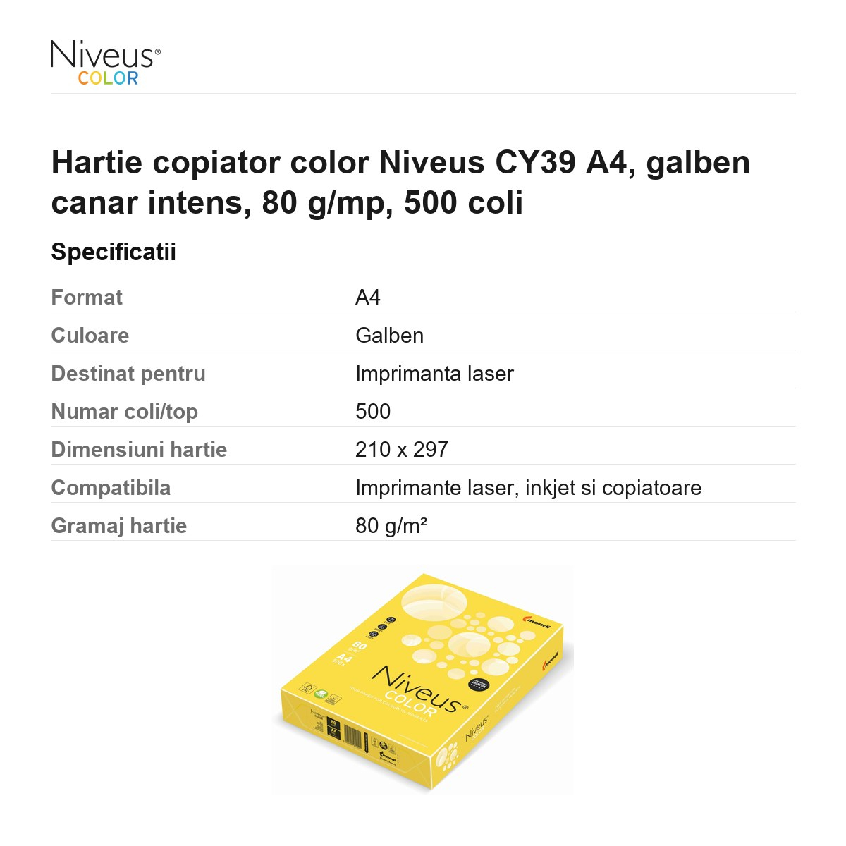 Hartie copiator color Niveus CY39 A4, galben canar intens, 80 g/mp, 500 coli [3]