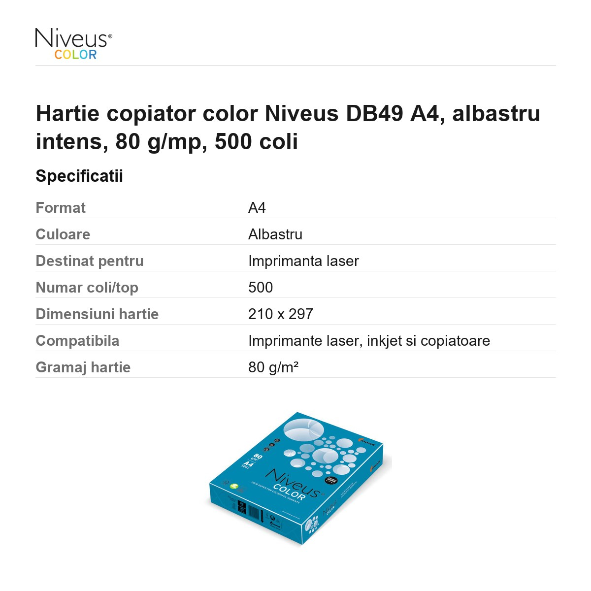 Hartie copiator color Niveus DB49 A4, albastru intens, 80 g/mp, 500 coli [3]