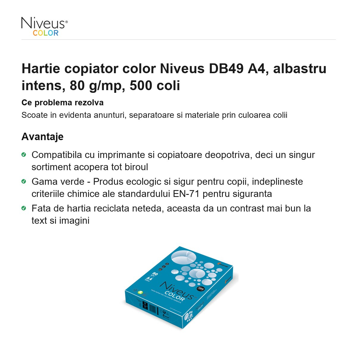 Hartie copiator color Niveus DB49 A4, albastru intens, 80 g/mp, 500 coli [2]