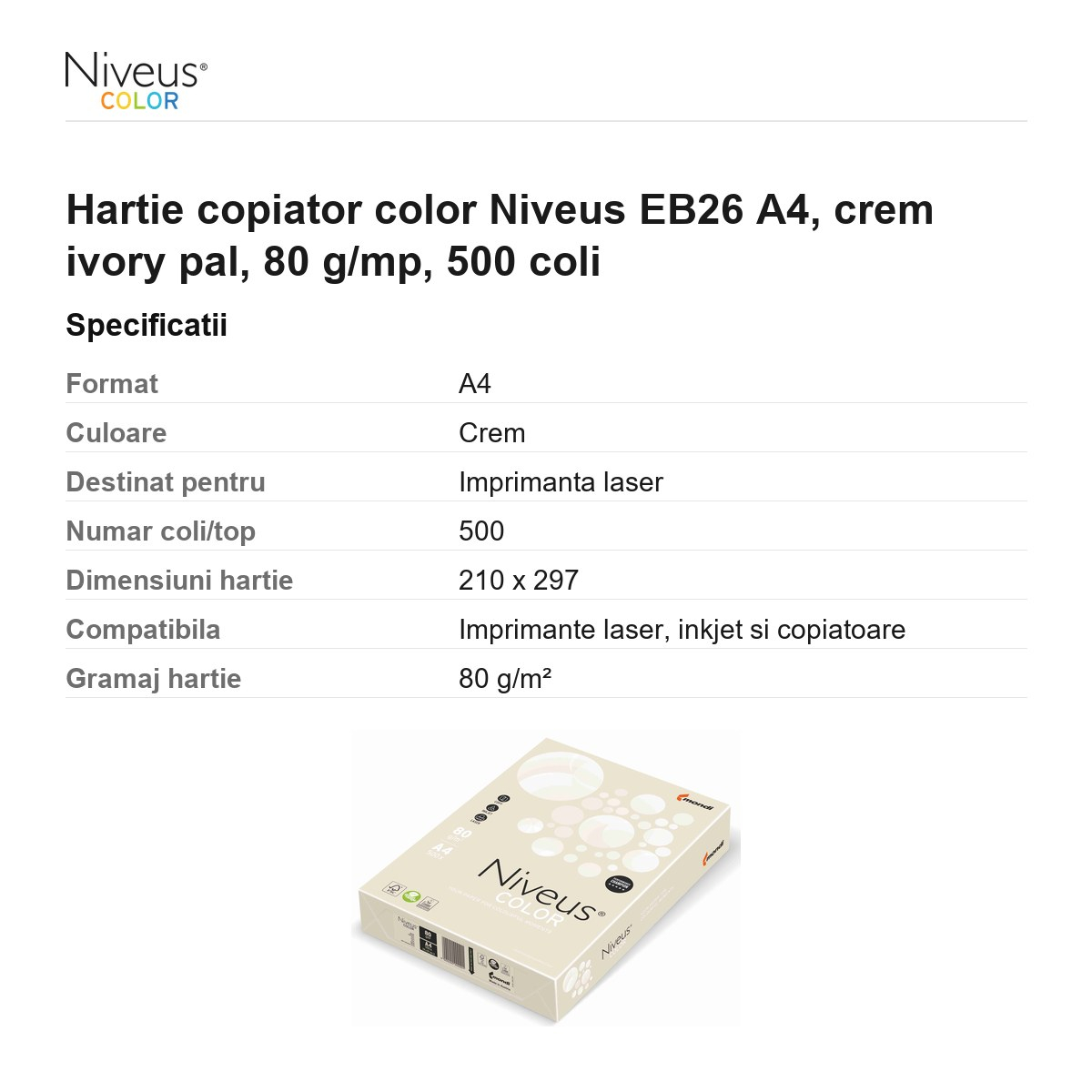 Hartie copiator color Niveus EB26 A4, crem ivory pal, 80 g/mp, 500 coli [3]