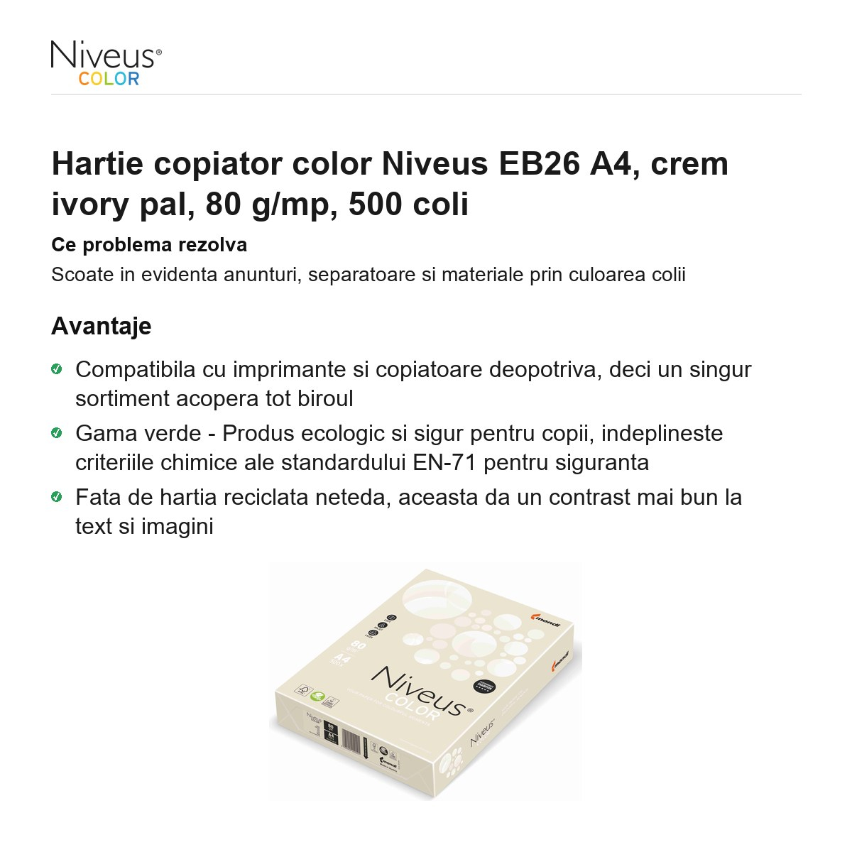 Hartie copiator color Niveus EB26 A4, crem ivory pal, 80 g/mp, 500 coli [2]