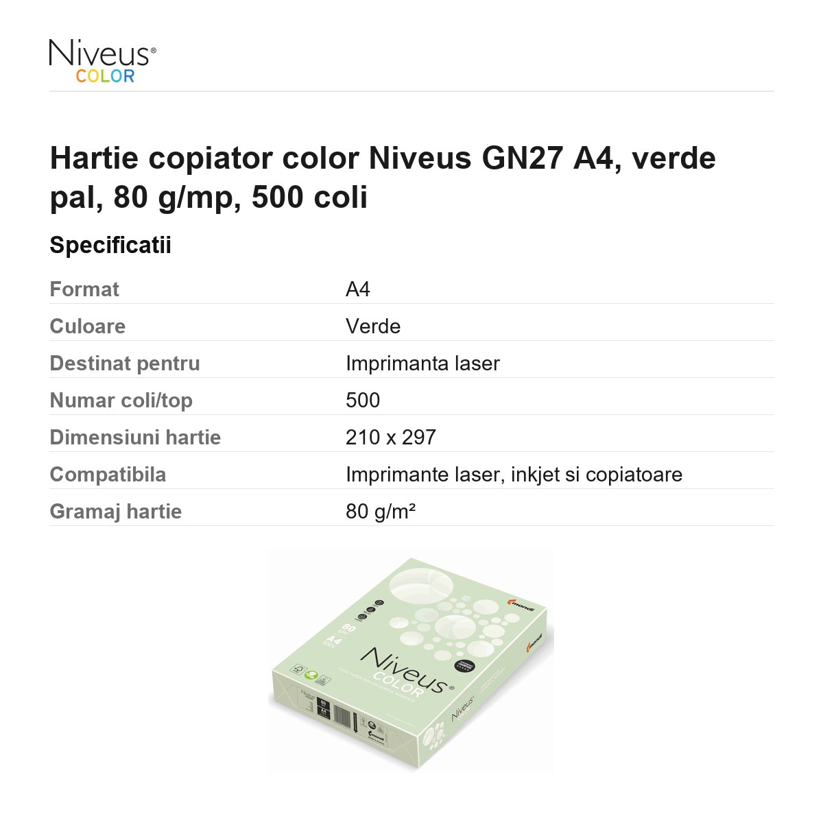 Hartie copiator color Niveus GN27 A4, verde pal, 80 g/mp, 500 coli [3]