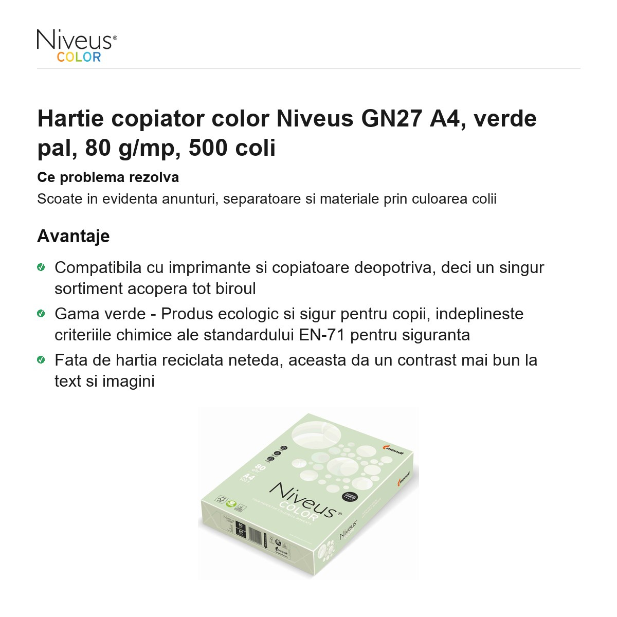 Hartie copiator color Niveus GN27 A4, verde pal, 80 g/mp, 500 coli [2]