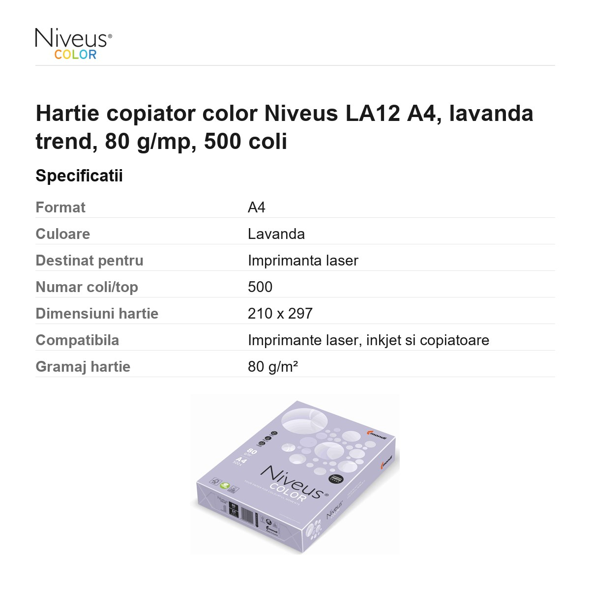 Hartie copiator color Niveus LA12 A4, lavanda trend, 80 g/mp, 500 coli [3]