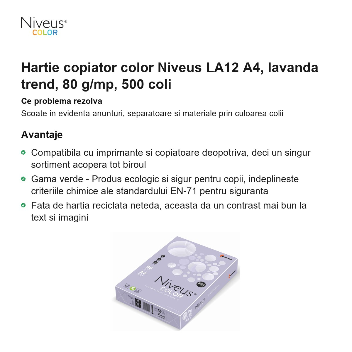 Hartie copiator color Niveus LA12 A4, lavanda trend, 80 g/mp, 500 coli [2]