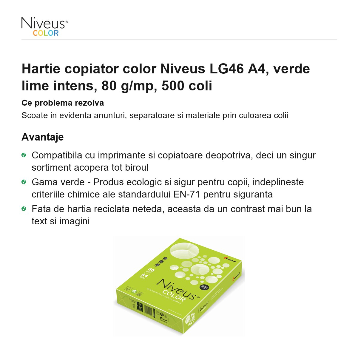 Hartie copiator color Niveus LG46 A4, verde lime intens, 80 g/mp, 500 coli [2]