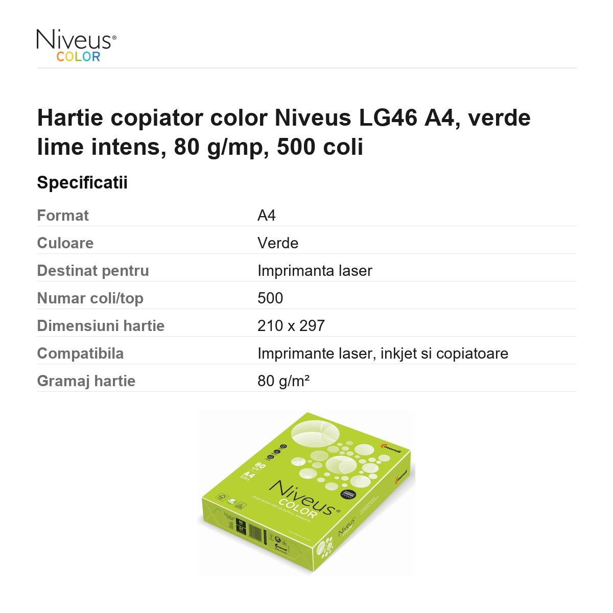 Hartie copiator color Niveus LG46 A4, verde lime intens, 80 g/mp, 500 coli [3]