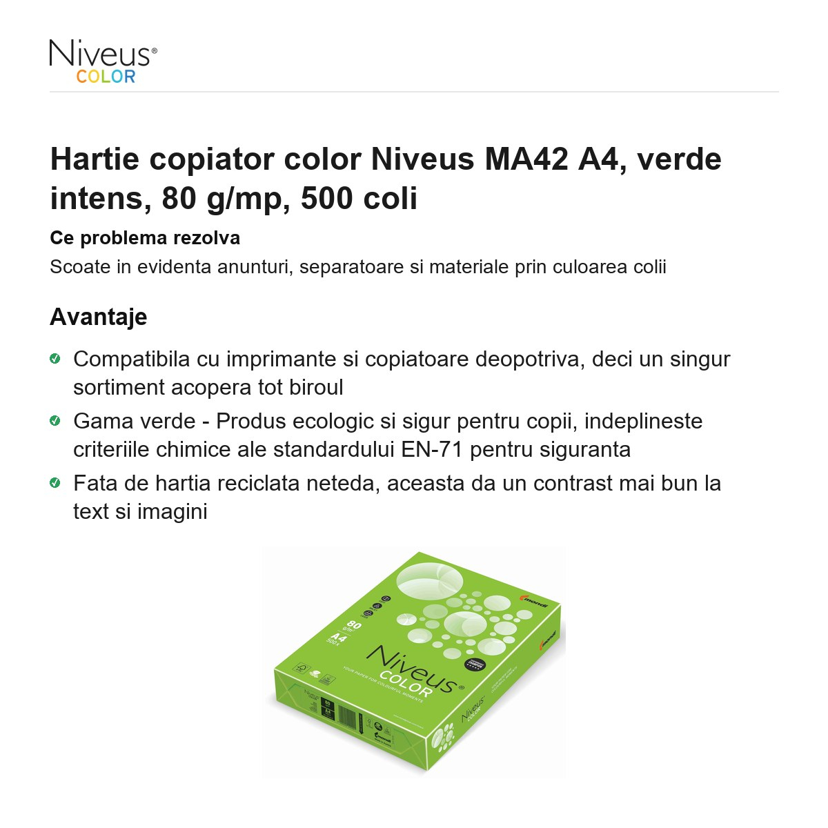 Hartie copiator color Niveus MA42 A4, verde intens, 80 g/mp, 500 coli [2]