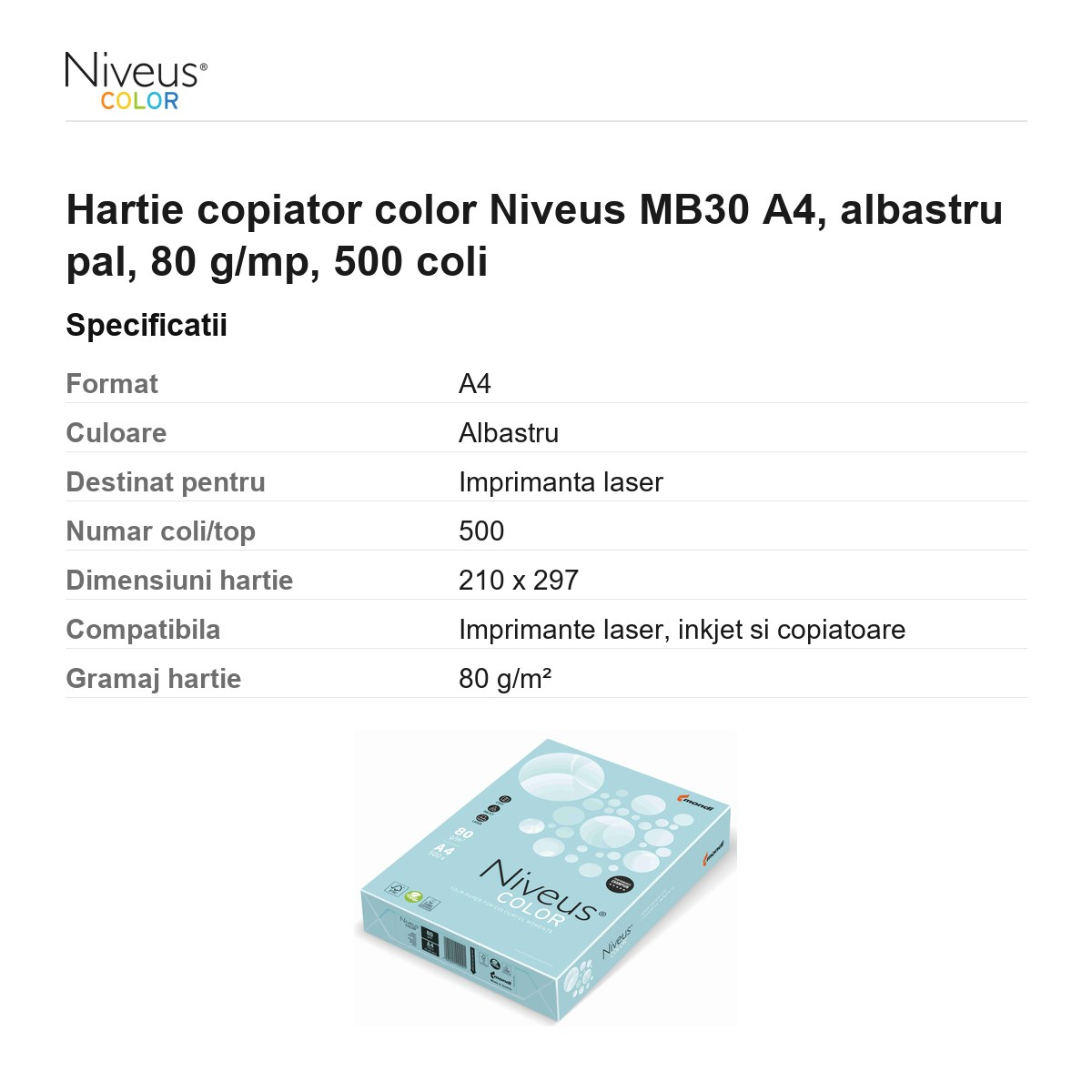 Hartie copiator color Niveus MB30 A4, albastru pal, 80 g/mp, 500 coli [3]