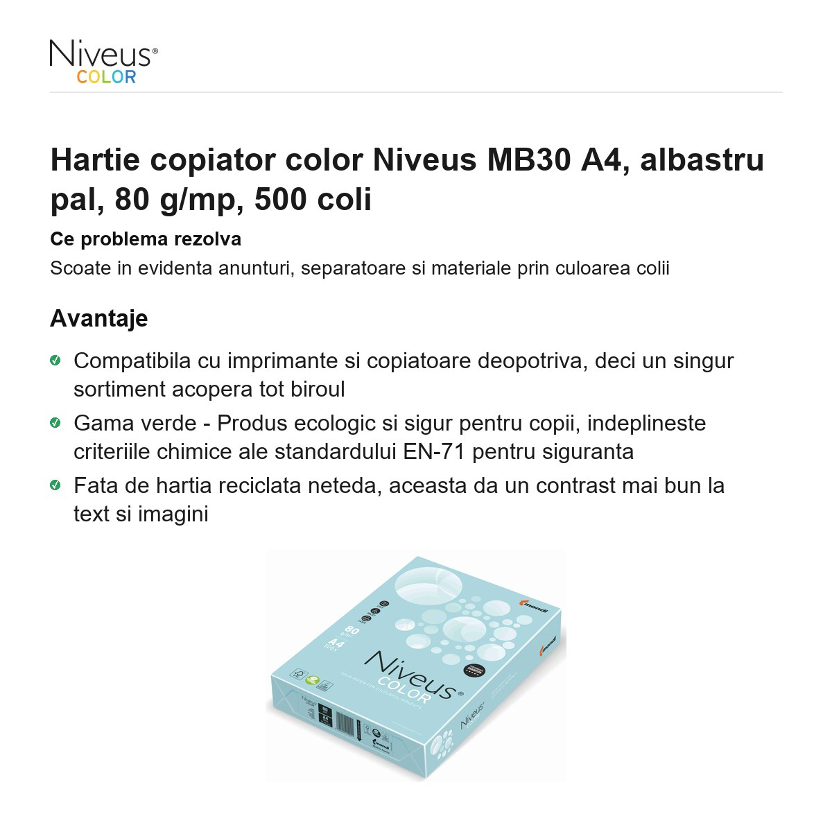 Hartie copiator color Niveus MB30 A4, albastru pal, 80 g/mp, 500 coli [2]