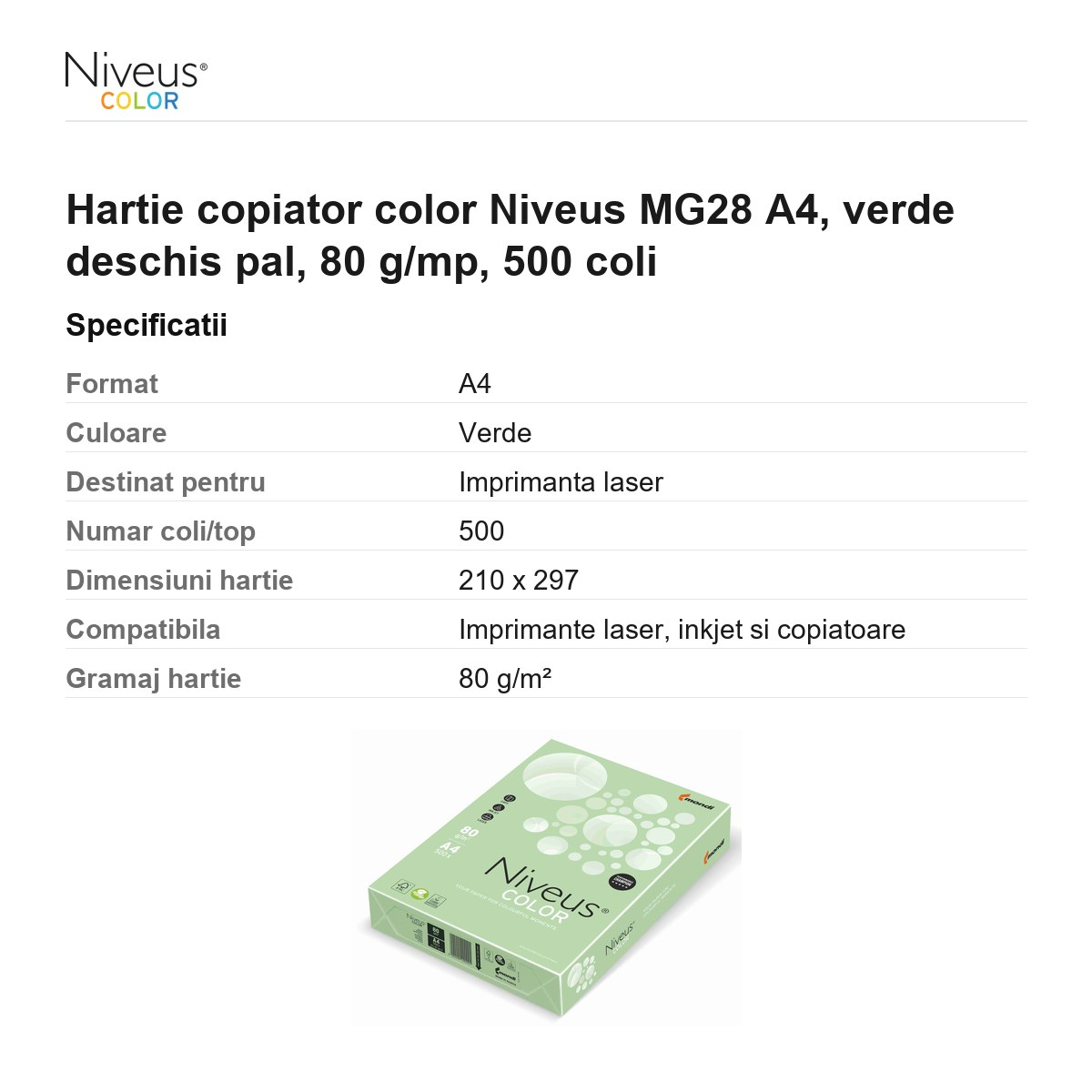 Hartie copiator color Niveus MG28 A4, verde deschis pal, 80 g/mp, 500 coli [3]