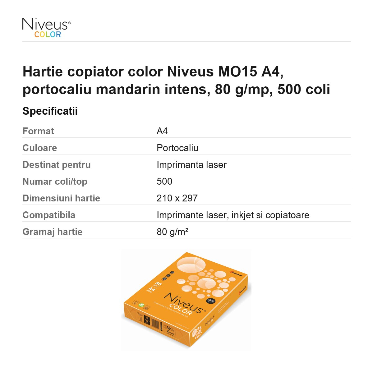 Hartie copiator color Niveus MO15 A4, portocaliu mandarin intens, 80 g/mp, 500 coli [3]