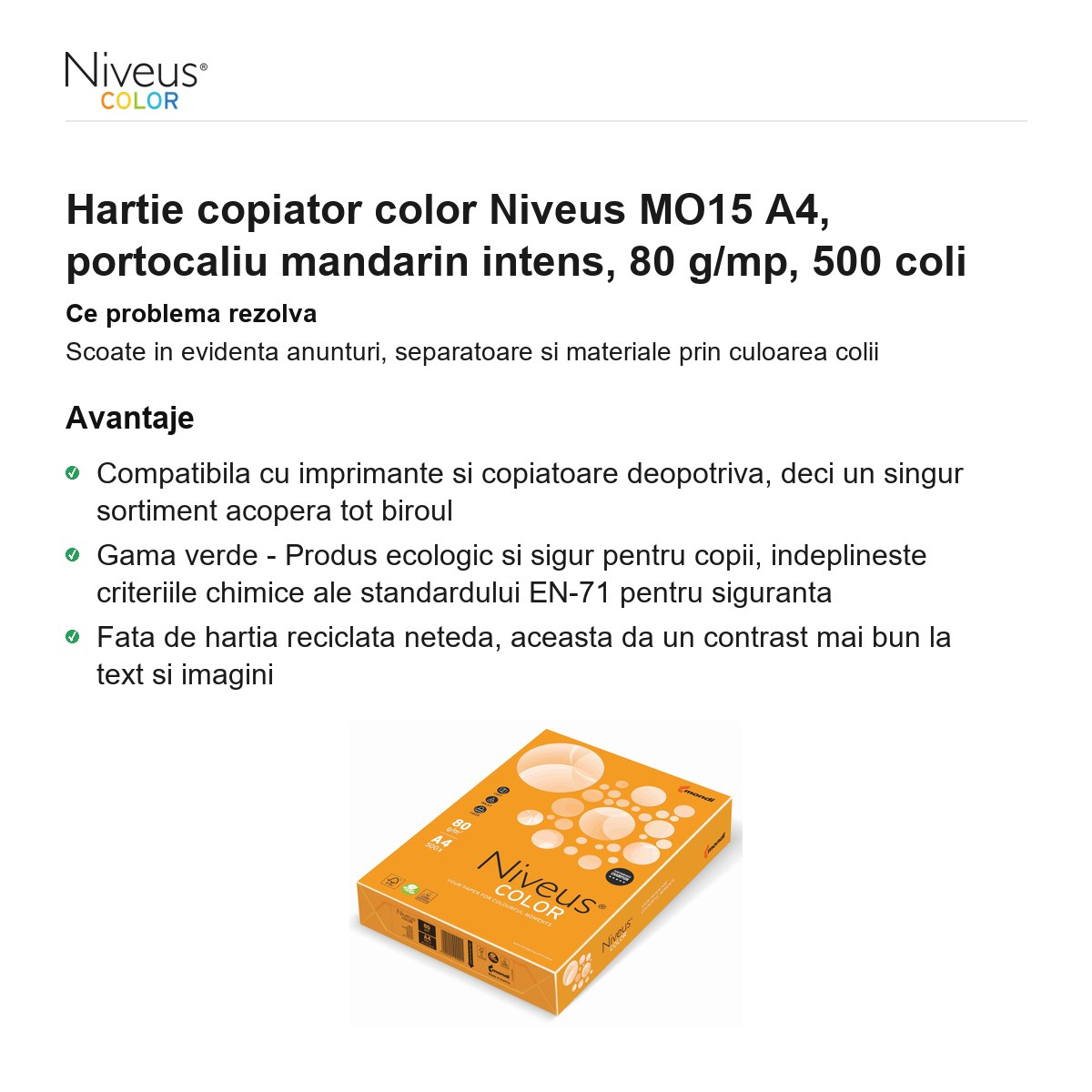 Hartie copiator color Niveus MO15 A4, portocaliu mandarin intens, 80 g/mp, 500 coli [2]
