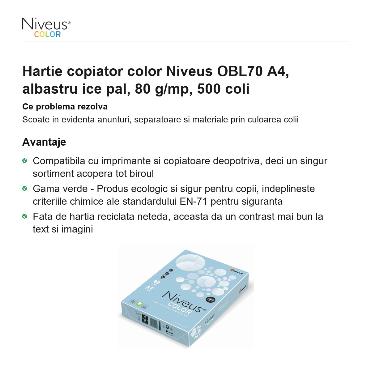 Hartie copiator color Niveus OBL70 A4, albastru ice pal, 80 g/mp, 500 coli [2]